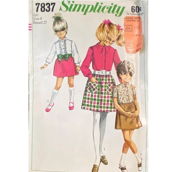 Vtg Simplicity 7837 Skirt Blouse Pattern 8 Girl 1968 Child Shirt Variation Retro - Picture 2 of 6